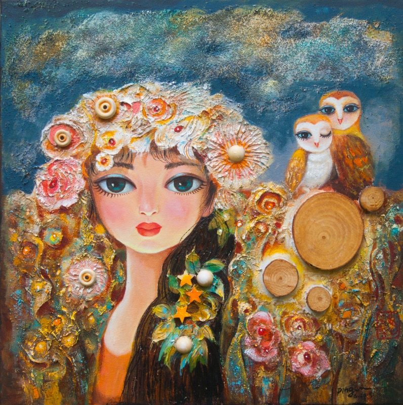Flower Field and Owls by artist Ping Irvin